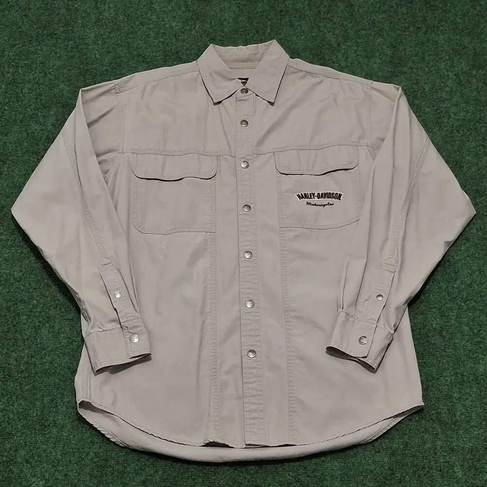 Harley Davidson Mens M TALL Button Embroidered Long Sleeve Button Shirt Gray